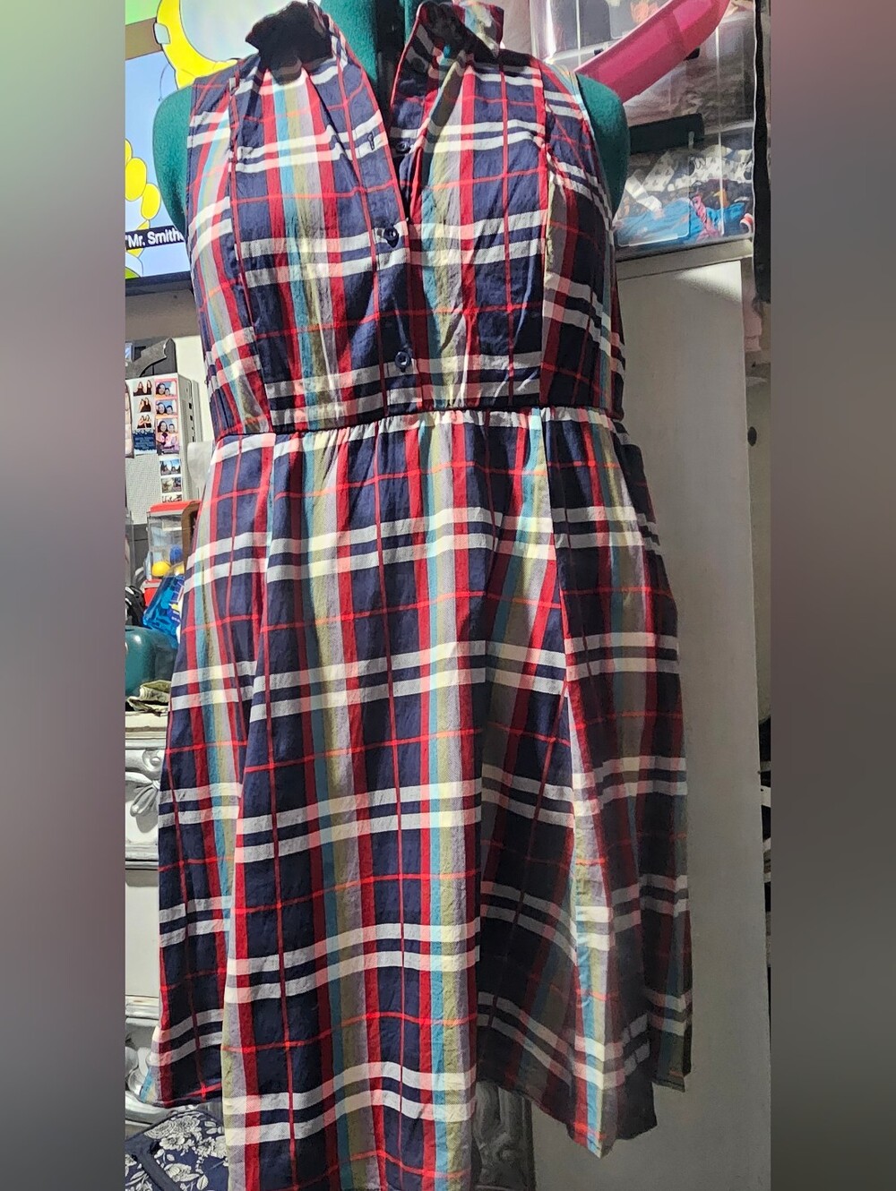 Navy & Red Plaid Sleeveless Dress